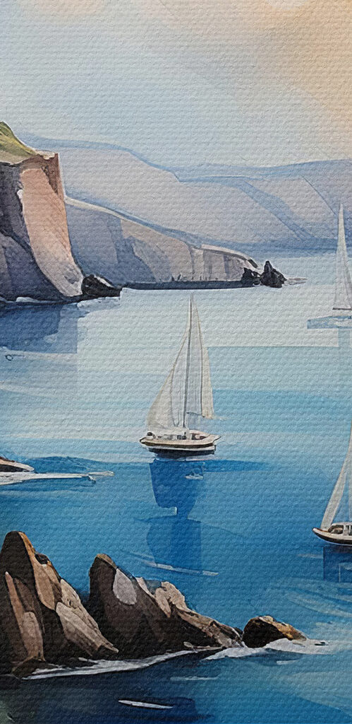 A watercolor painting of a town on a cliff