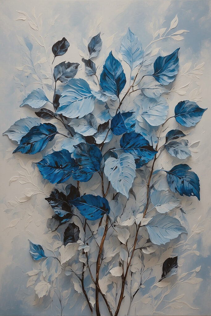 A painting of blue leaves