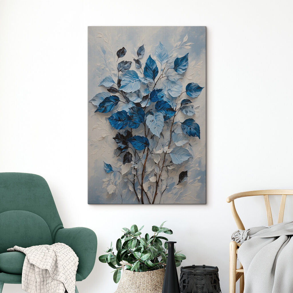 A painting of blue leaves