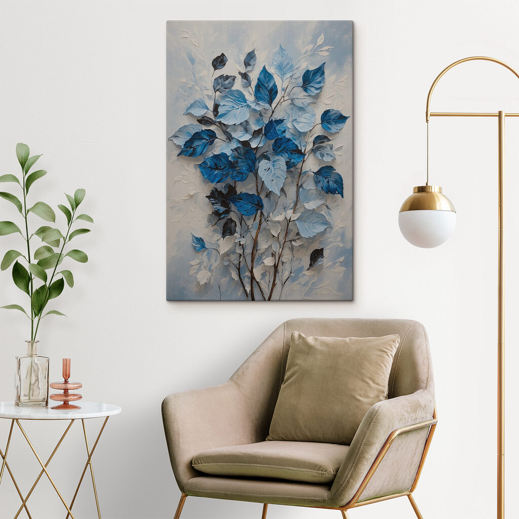 A painting of blue leaves