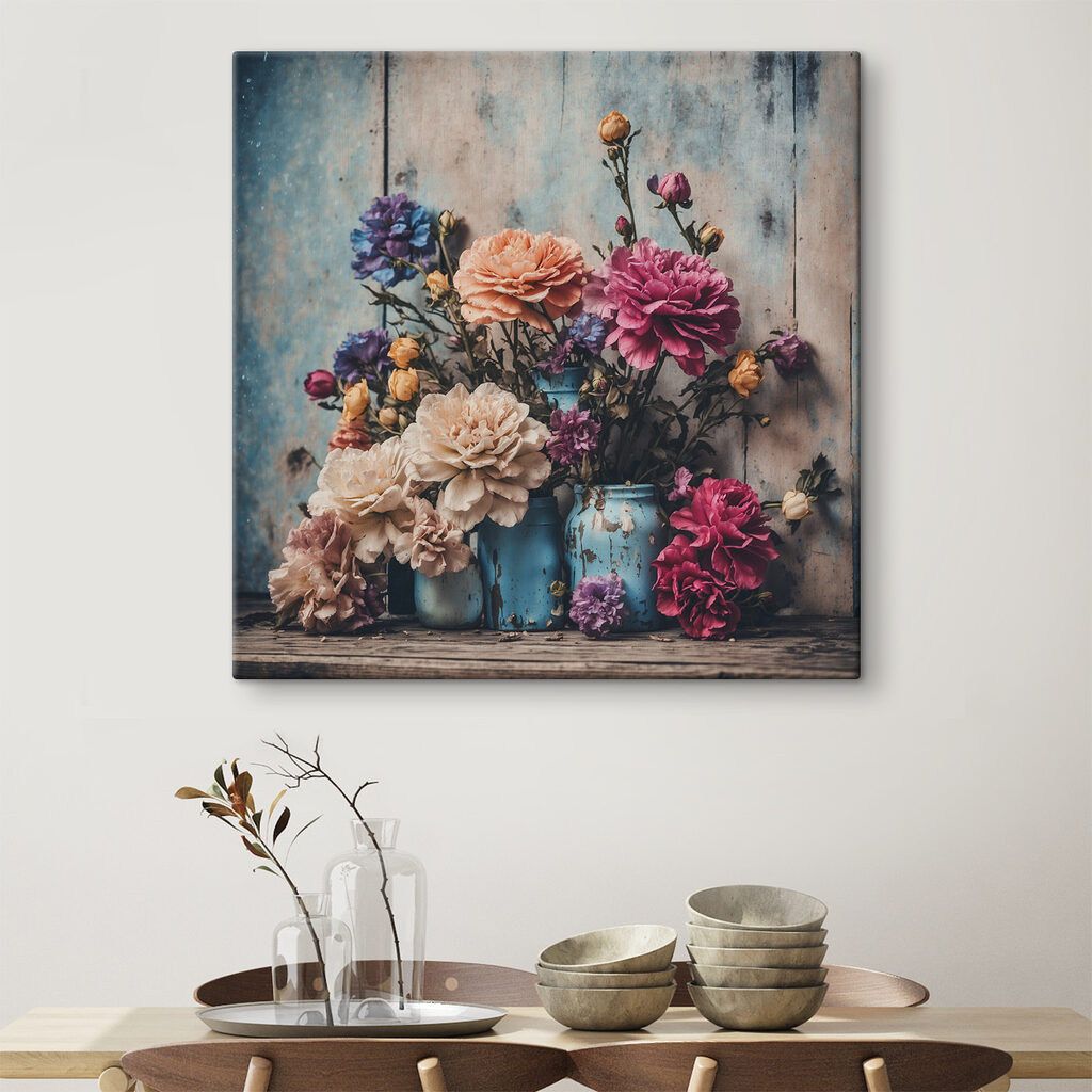 A group of colorful flowers in blue vases A group of colorful flowers in blue vases