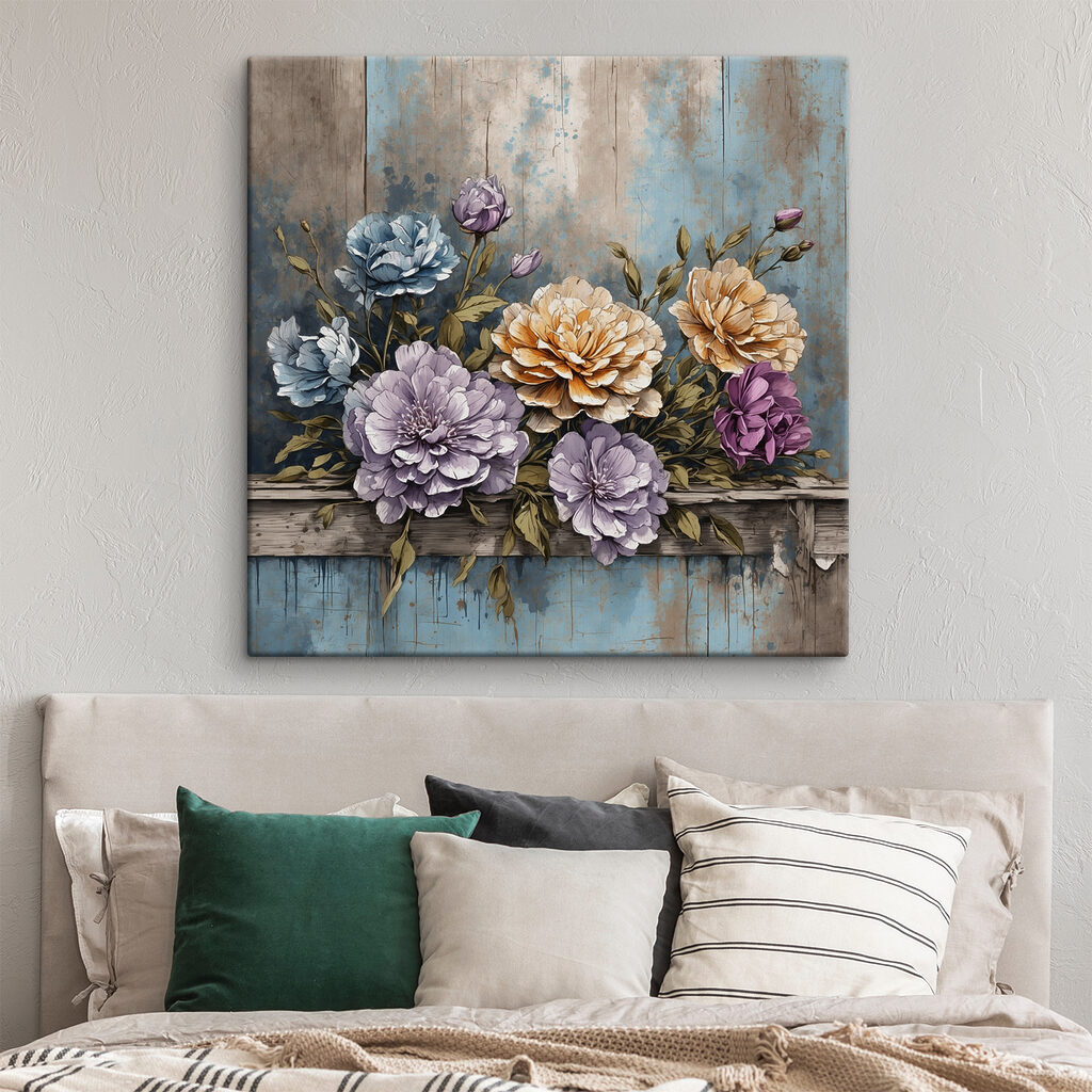 A painting of flowers on a wood ledge