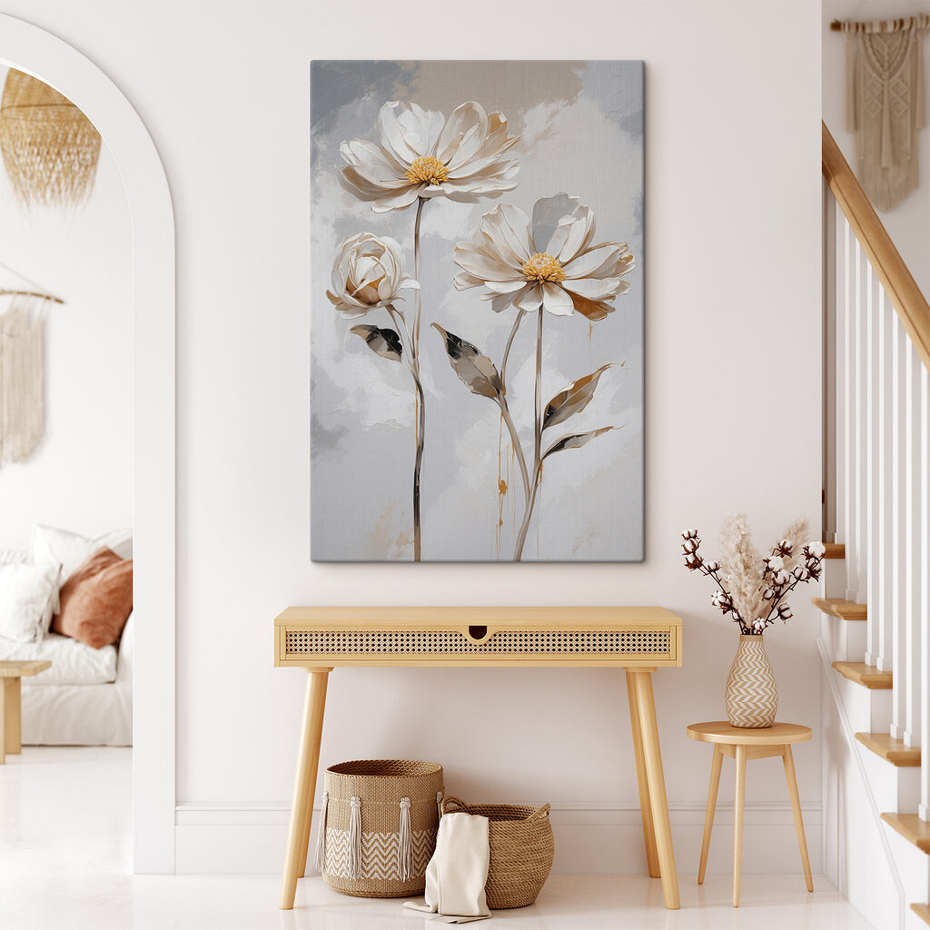 A group of white flowers with leaves