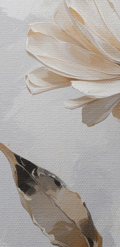 A group of white flowers with leaves