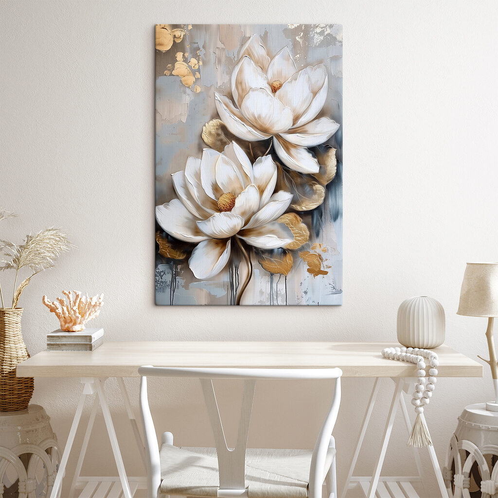 A painting of flowers on a grey background