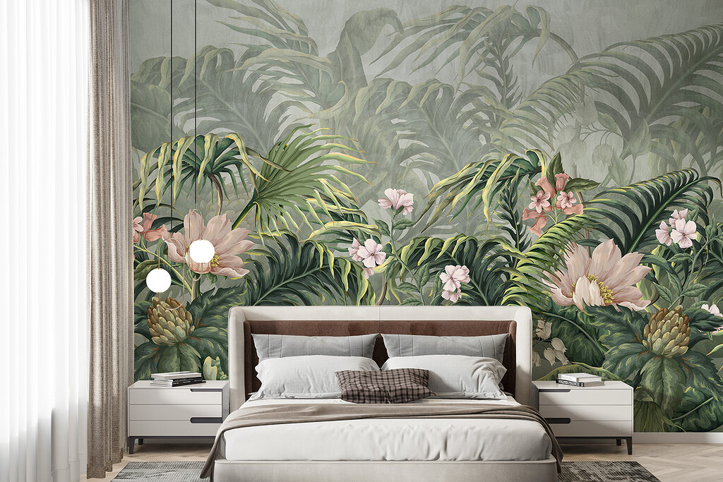 A wallpaper with flowers and leaves