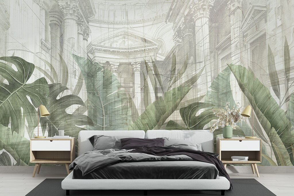 A painting of a building with a large leaf A painting of a building with a large leaf