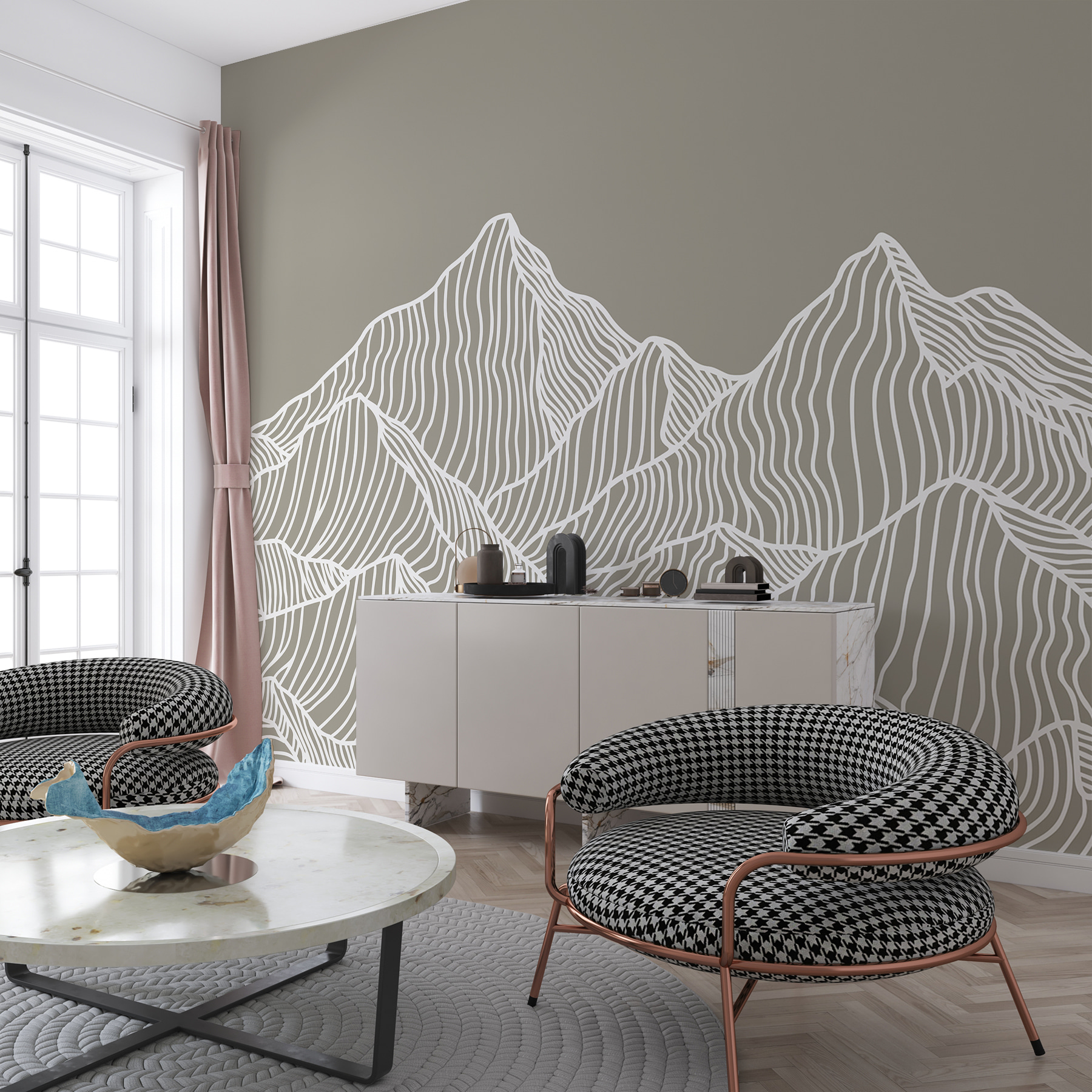 A white line art of mountains