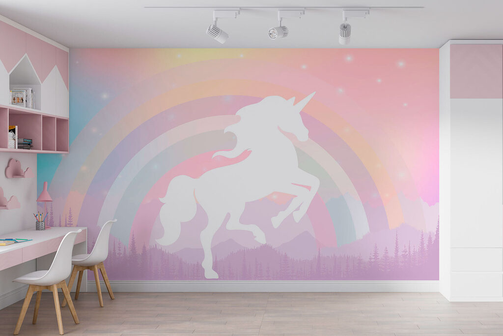 A unicorn with a rainbow and mountains