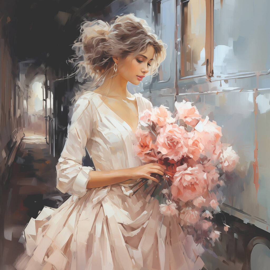 A woman holding flowers in a train