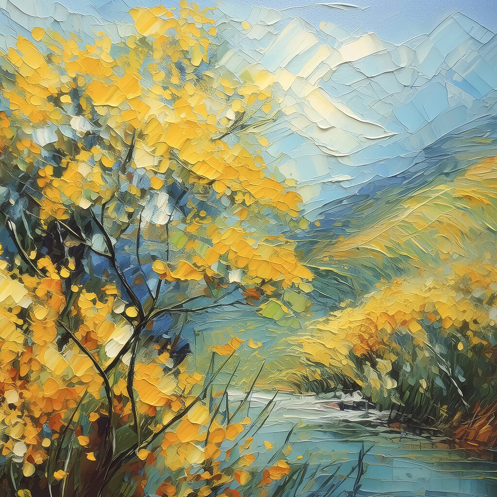 A painting of a river with yellow flowers