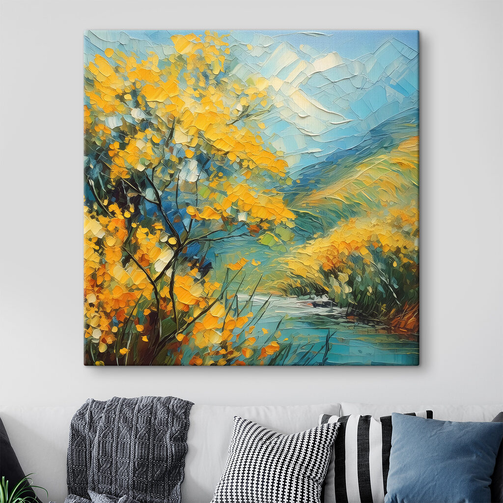 A painting of a river with yellow flowers