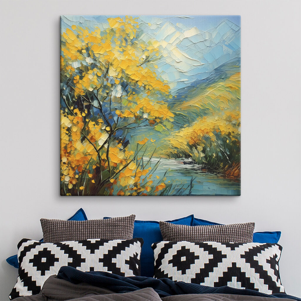 A painting of a river with yellow flowers