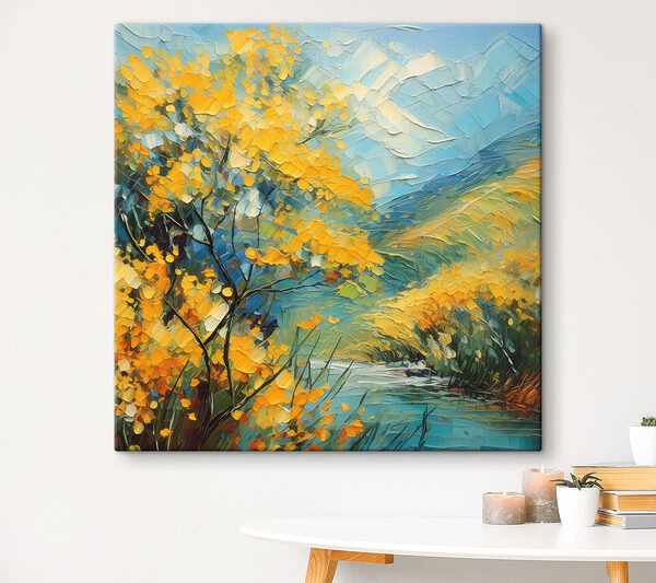 A painting of a river with yellow flowers A painting of a river with yellow flowers