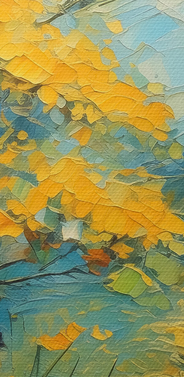 A painting of a river with yellow flowers A painting of a river with yellow flowers