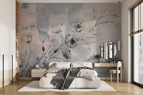 A drawing of flowers on a grey background A drawing of flowers on a grey background