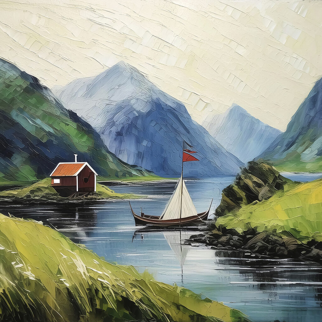 A painting of a boat on a lake with mountains and a house A painting of a boat on a lake with mountains and a house