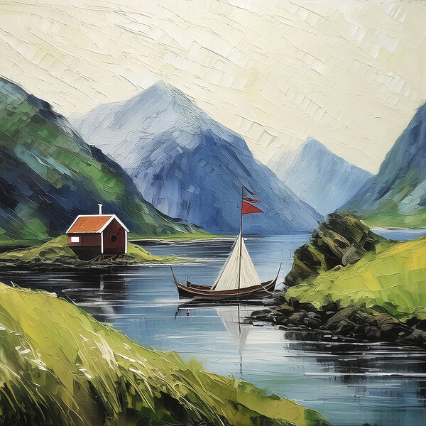 A painting of a boat on a lake with mountains and a house A painting of a boat on a lake with mountains and a house