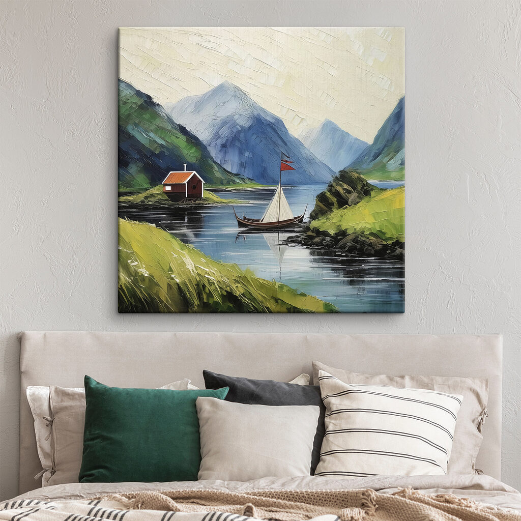 A painting of a boat on a lake with mountains and a house A painting of a boat on a lake with mountains and a house