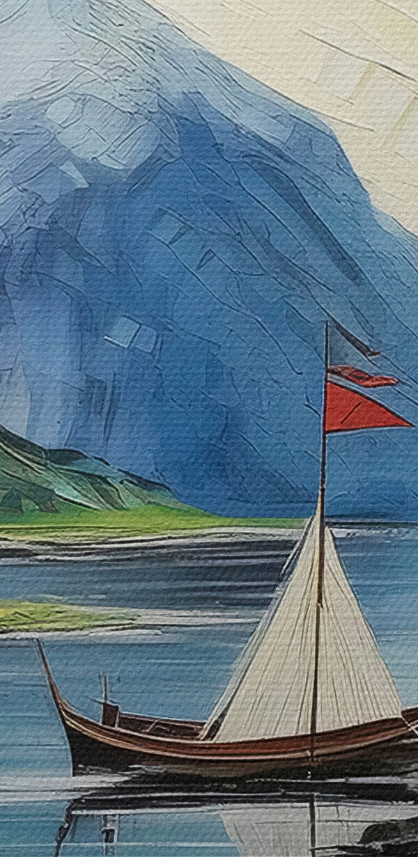 A painting of a boat on a lake with mountains and a house A painting of a boat on a lake with mountains and a house