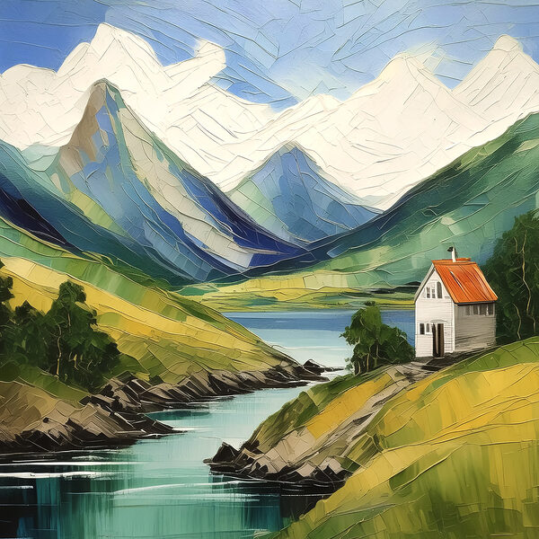 A painting of a house on a hill by a river A painting of a house on a hill by a river