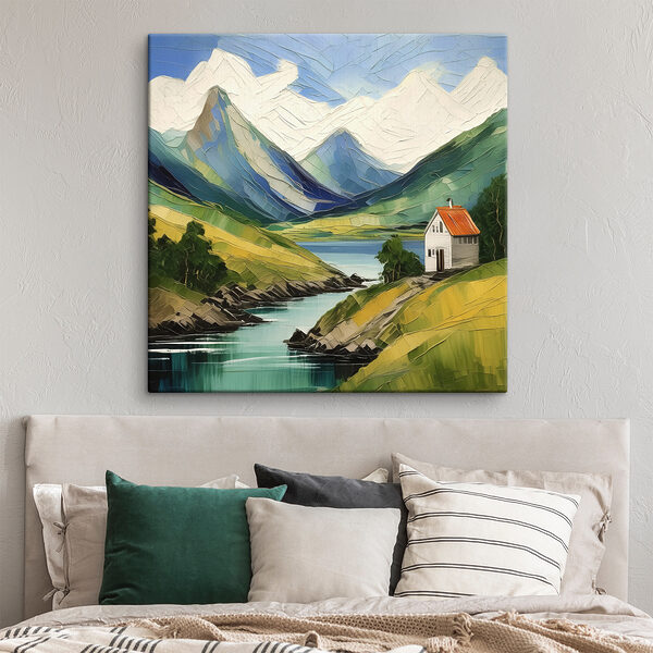 A painting of a house on a hill by a river A painting of a house on a hill by a river
