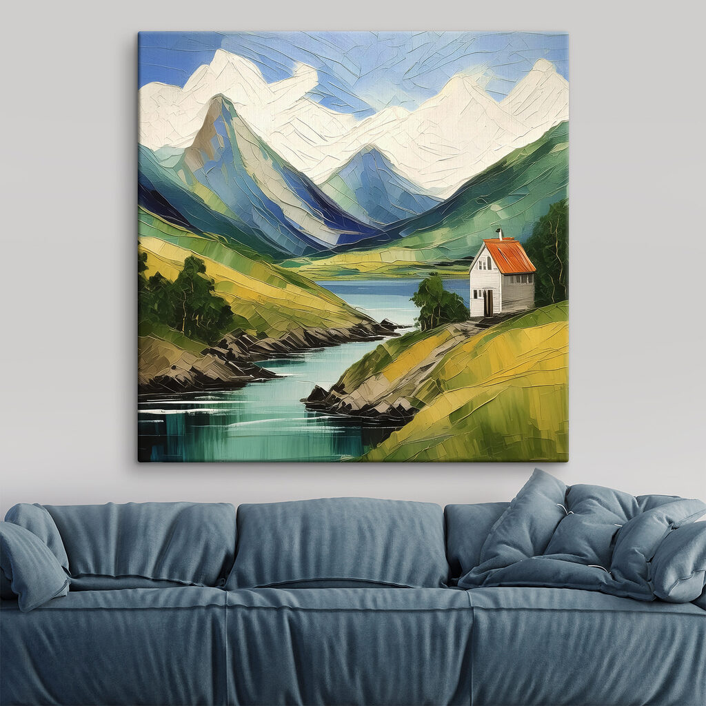 A painting of a house on a hill by a river A painting of a house on a hill by a river