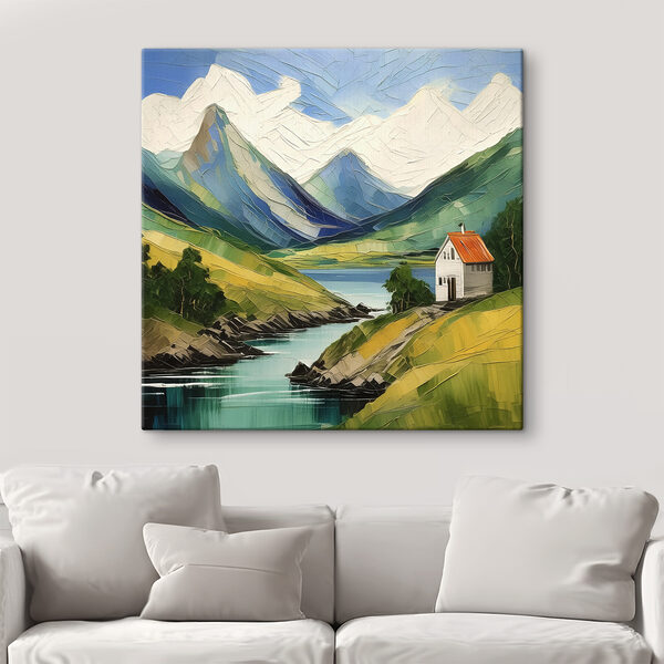 A painting of a house on a hill by a river A painting of a house on a hill by a river