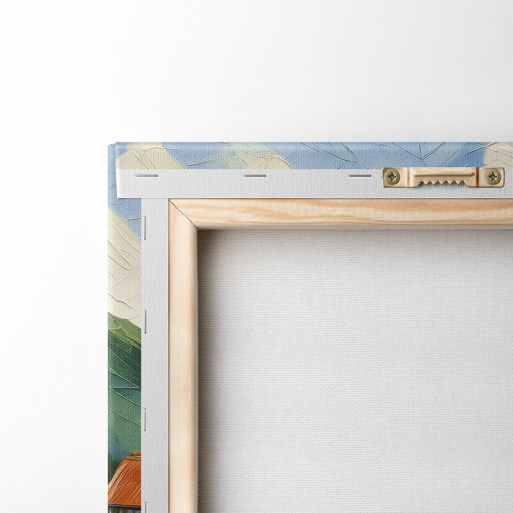 A painting of a house on a hill by a river A painting of a house on a hill by a river