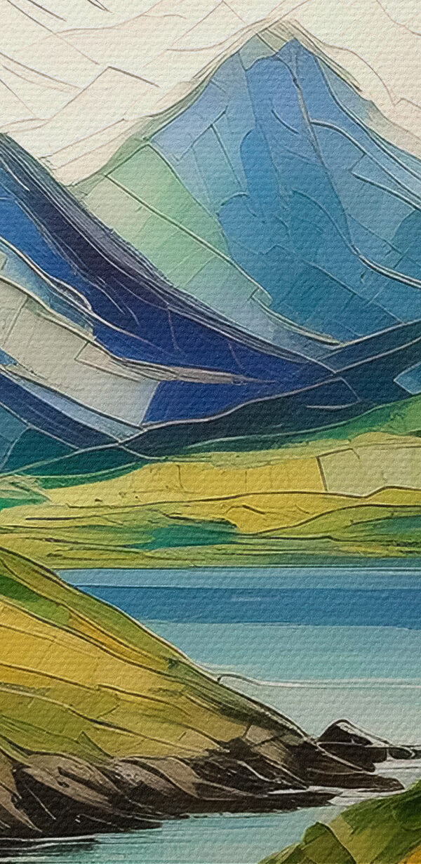 A painting of a house on a hill by a river A painting of a house on a hill by a river