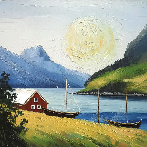 A painting of a house and boats on a lake A painting of a house and boats on a lake