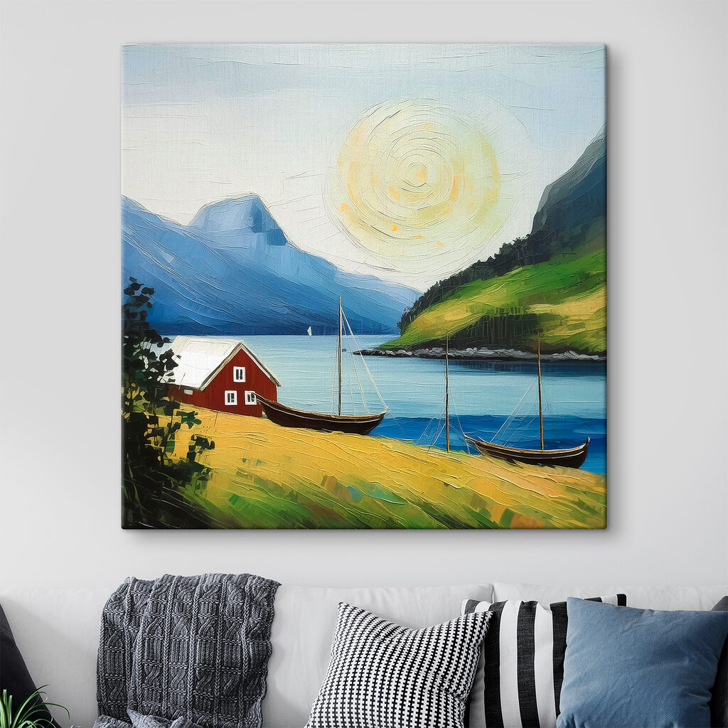 A painting of a house and boats on a lake A painting of a house and boats on a lake
