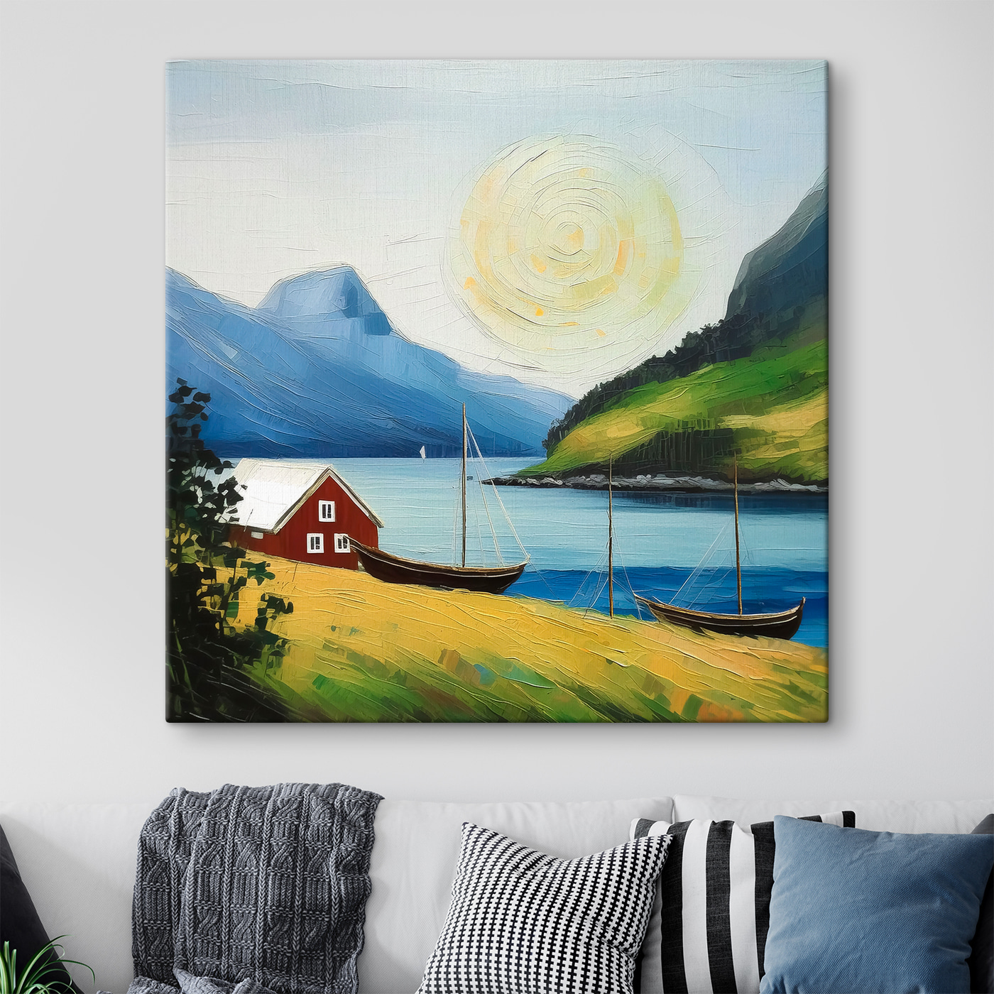 A painting of a house and boats on a lake