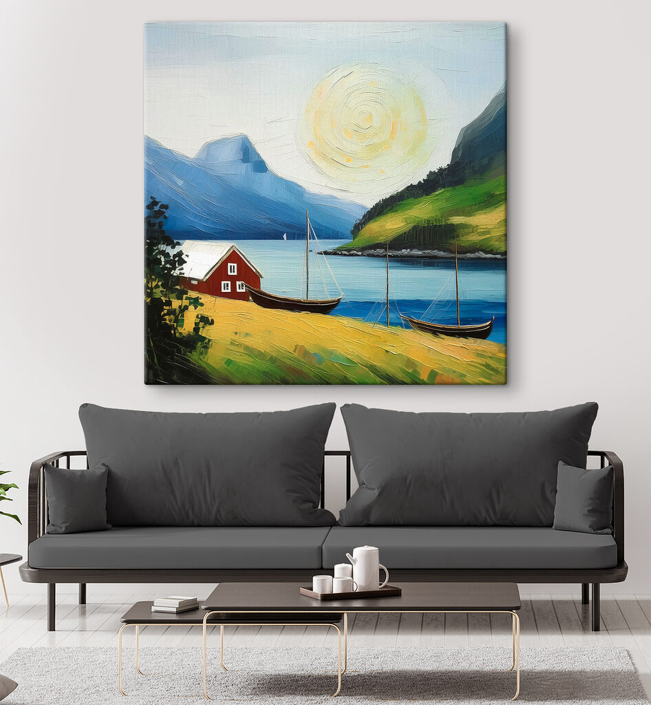 A painting of a house and boats on a lake A painting of a house and boats on a lake