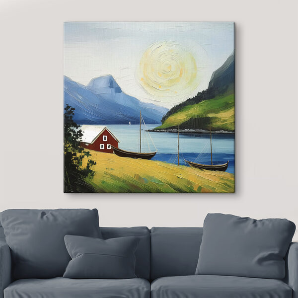 A painting of a house and boats on a lake A painting of a house and boats on a lake