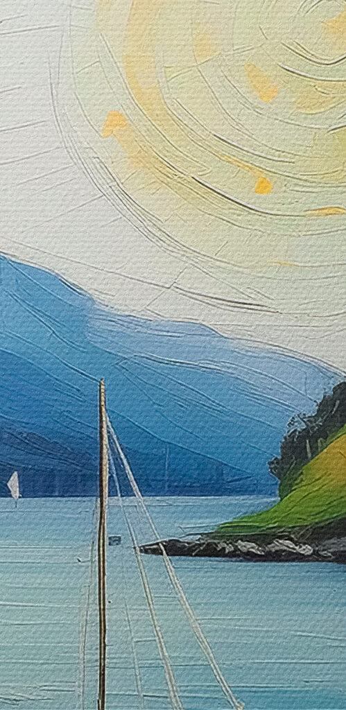 A painting of a house and boats on a lake A painting of a house and boats on a lake