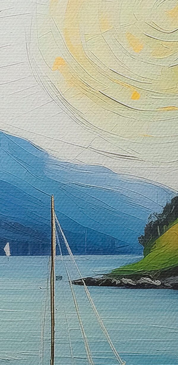 A painting of a house and boats on a lake A painting of a house and boats on a lake