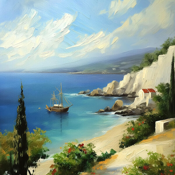 A painting of a boat in the water