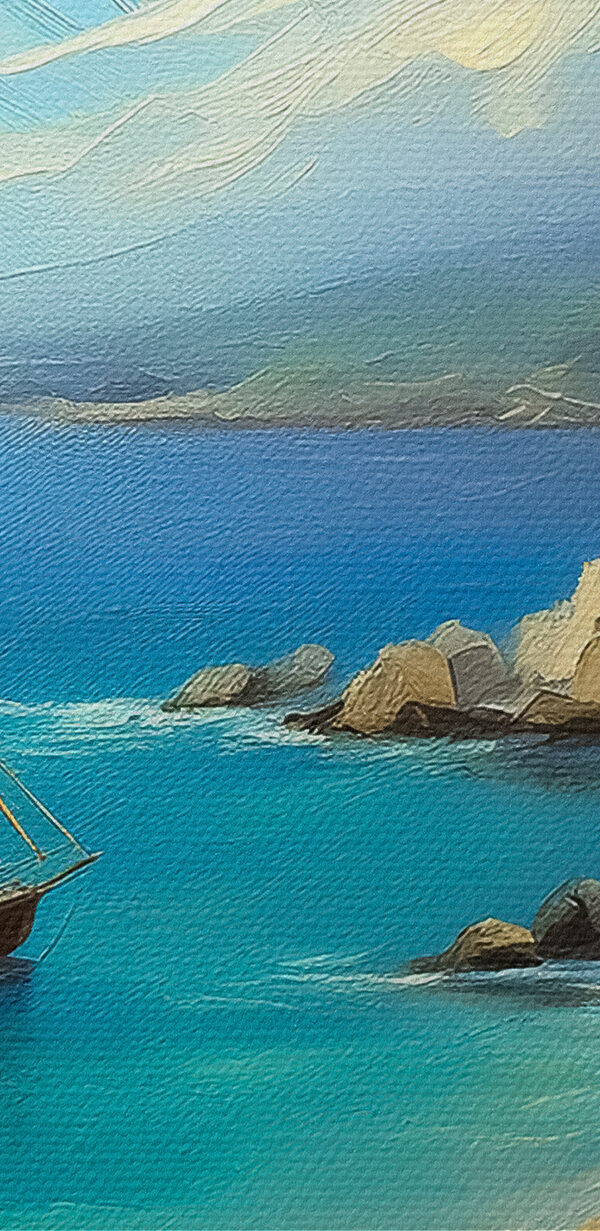 A painting of a boat in the water
