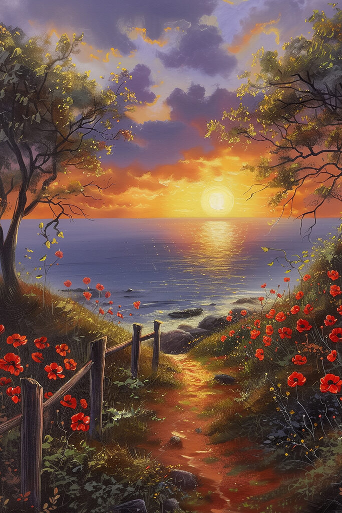 A painting of a path leading to a body of water with flowers A painting of a path leading to a body of water with flowers
