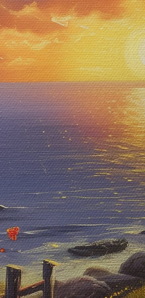 A painting of a path leading to a body of water with flowers A painting of a path leading to a body of water with flowers