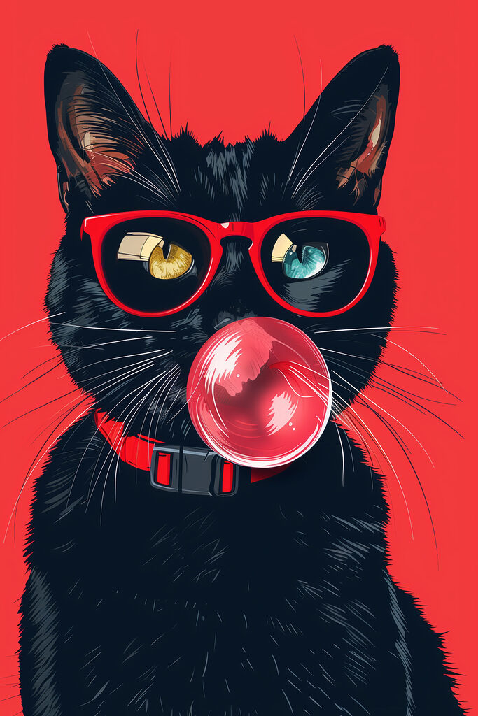 A cat wearing sunglasses and chewing gum