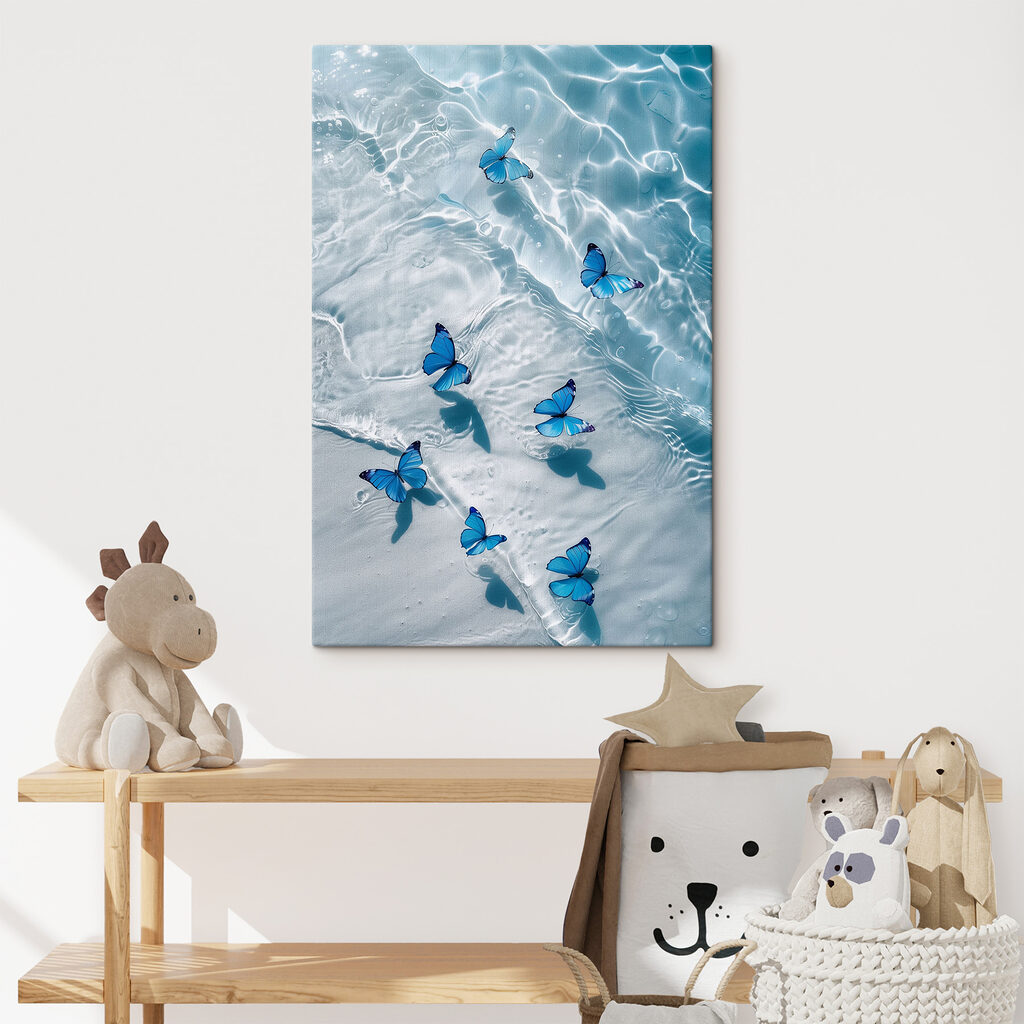 A group of blue butterflies floating on water