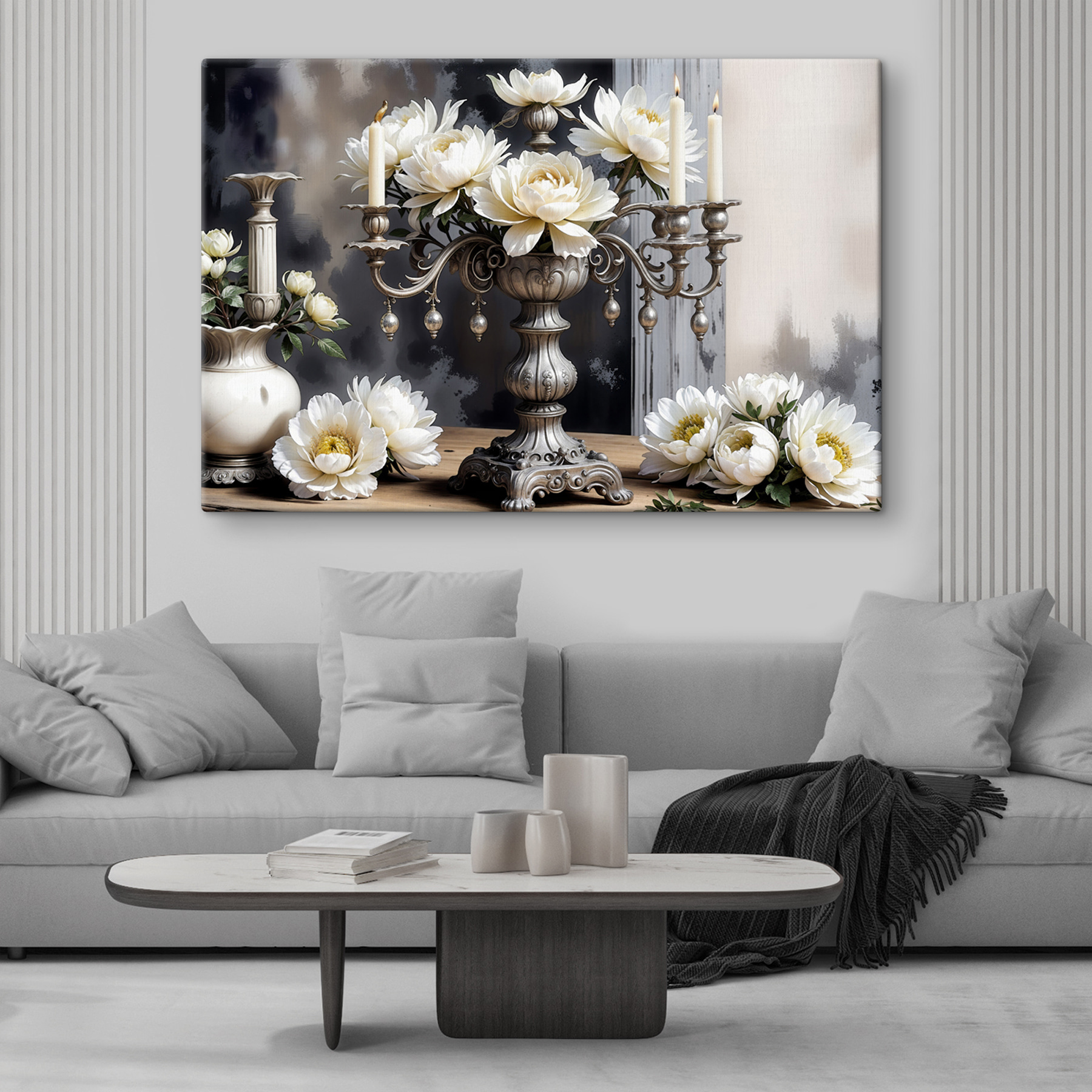 A silver candelabra with white flowers