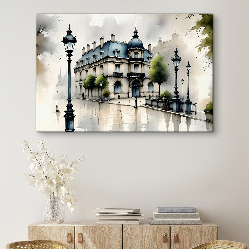 Painting of a building with trees and a street lamp