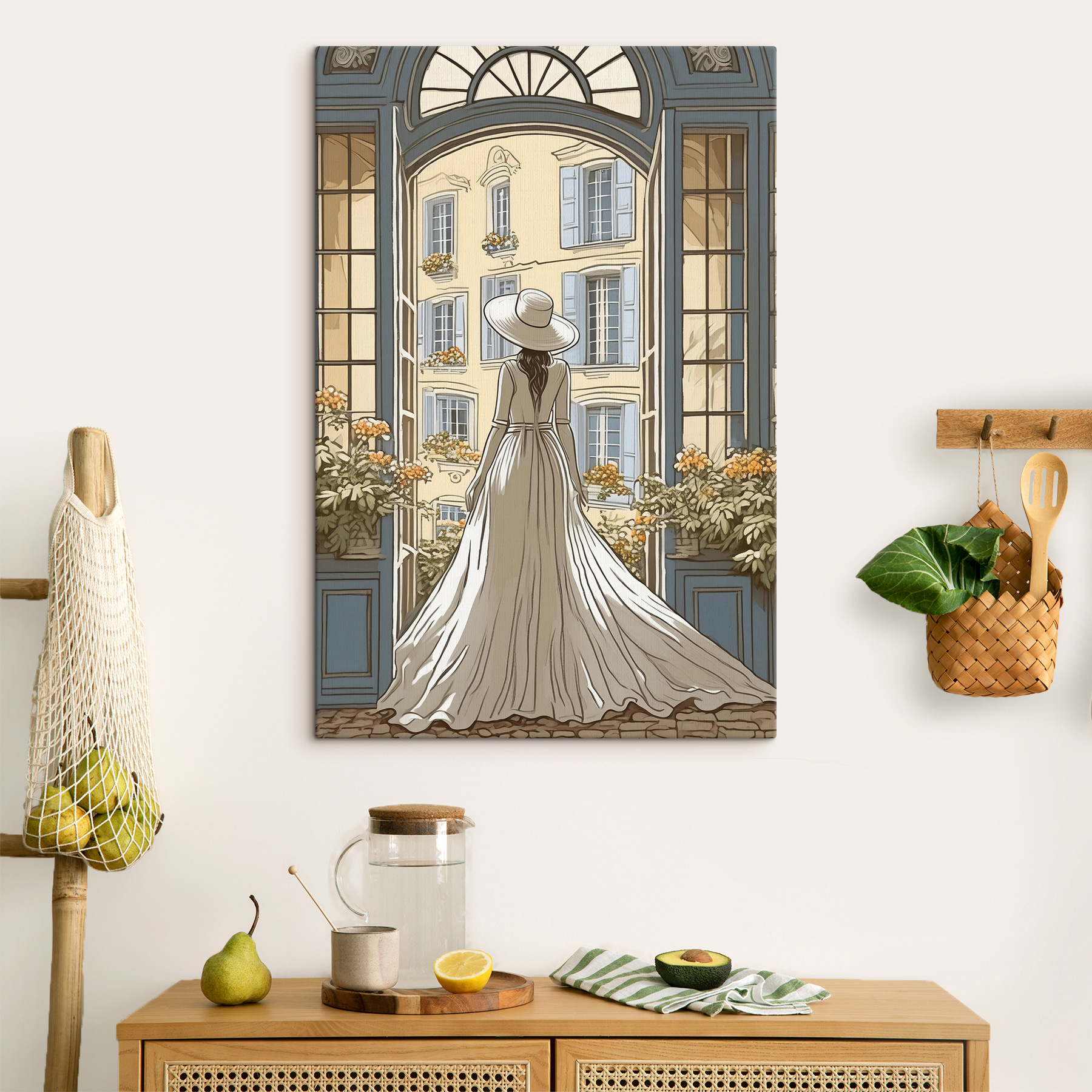 Woman in a dress and hat looking out a window Woman in a dress and hat looking out a window