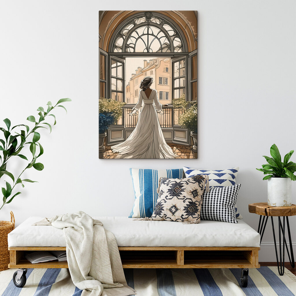 Woman in a white dress looking out a window Woman in a white dress looking out a window