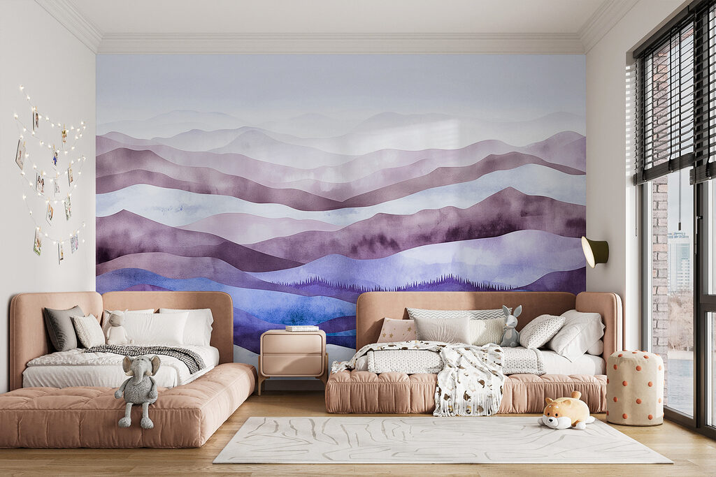 Painting of mountains with fog