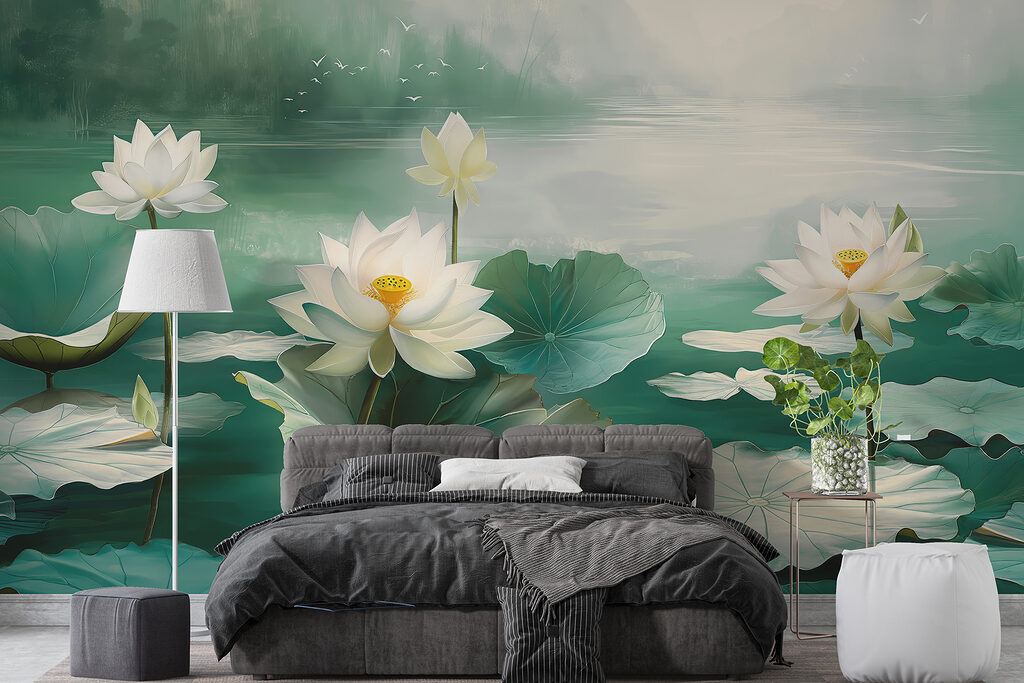 Painting of white flowers and leaves in a lake Painting of white flowers and leaves in a lake