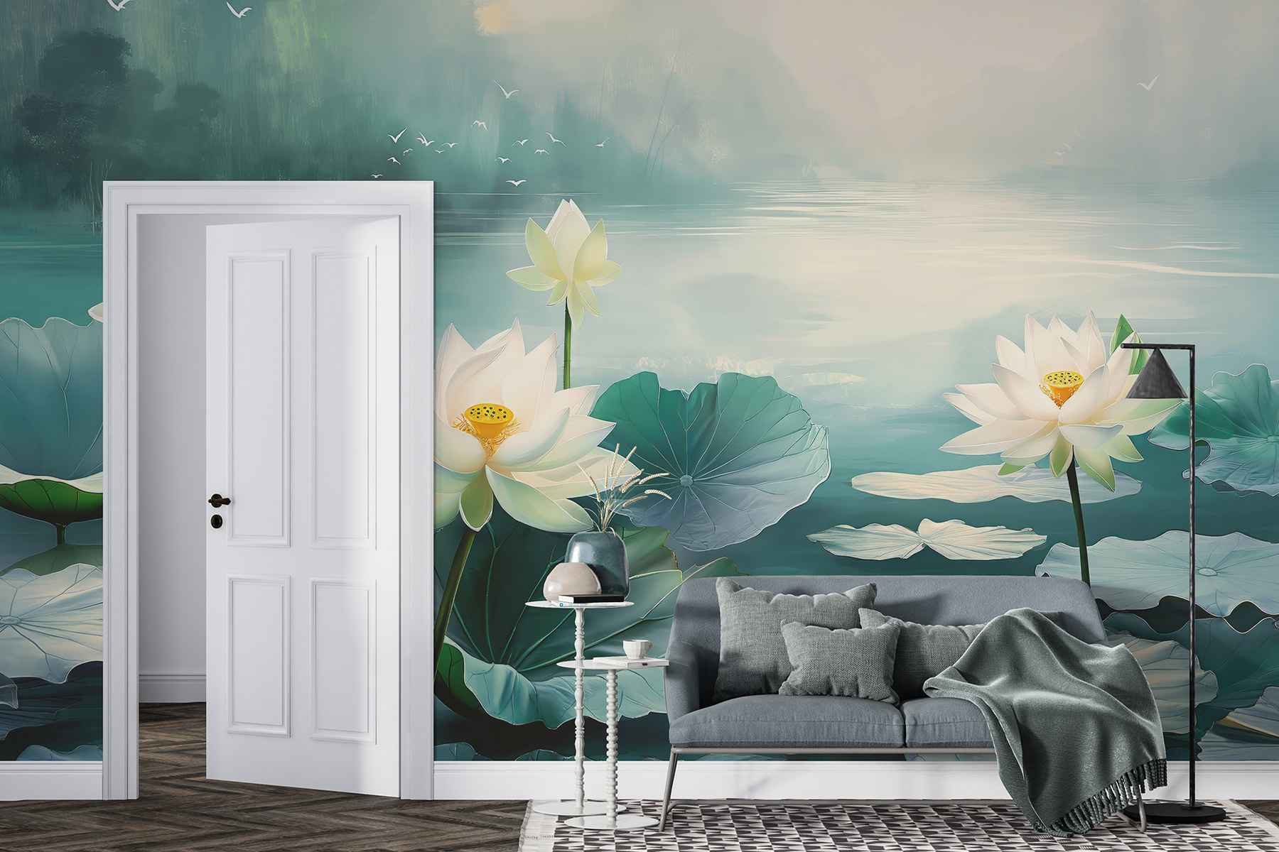 Painting of white flowers and leaves on water